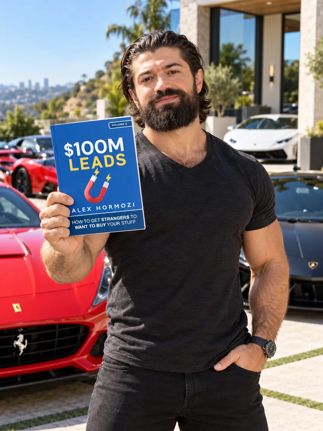 Alex Hormozi segurando o livro $100M Leads