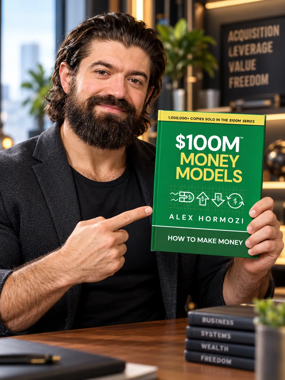 Alex Hormozi segurando o livro $100M Money Models